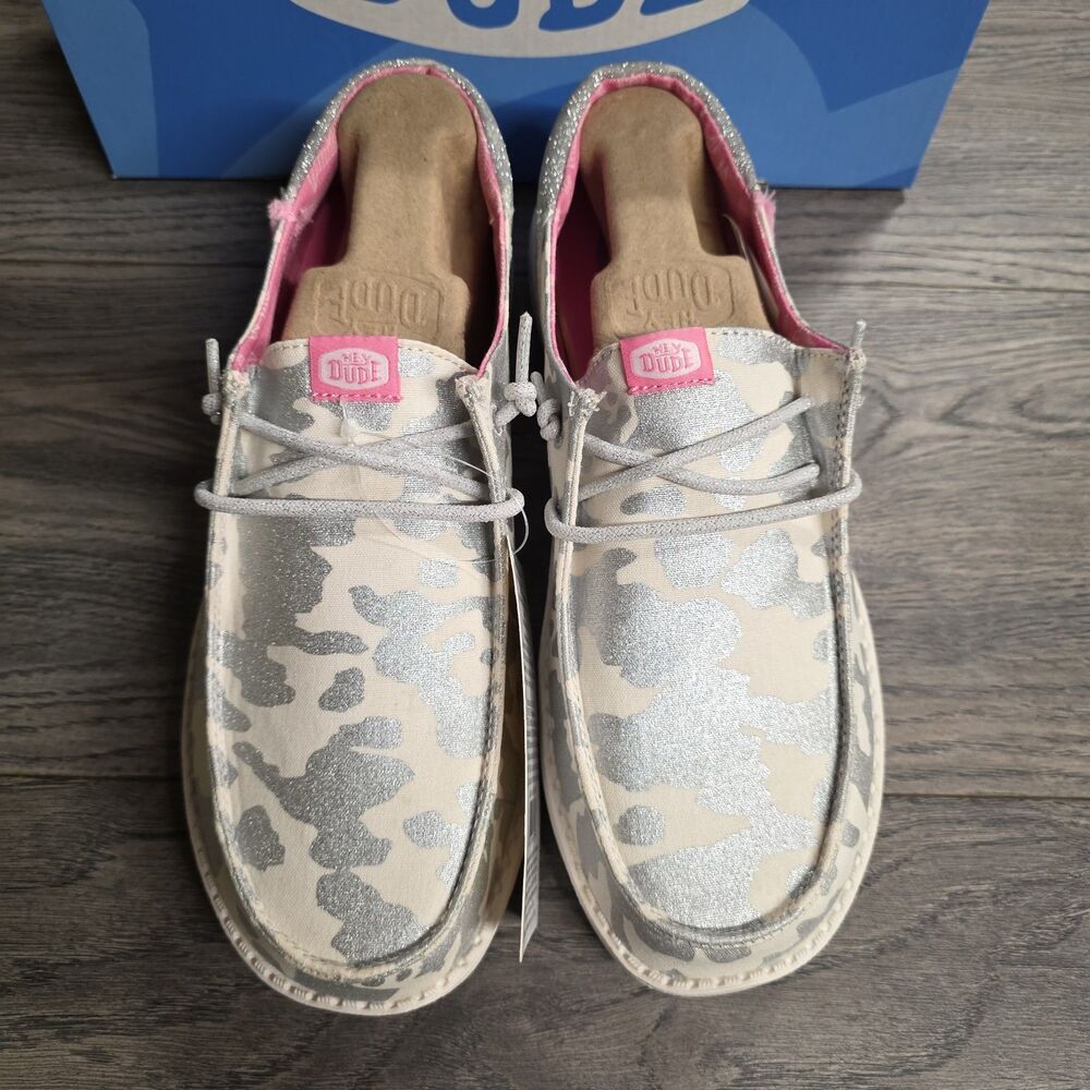 Hey Dude Wendy Funk Cow Silver Pink Comfort Shoes Women's US 10 EU 41 NEW - Picture 2 of 5